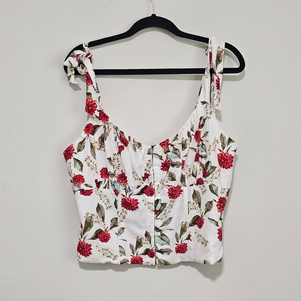 Floral Tie-Shoulder Crop Top - White with Red Flower Print